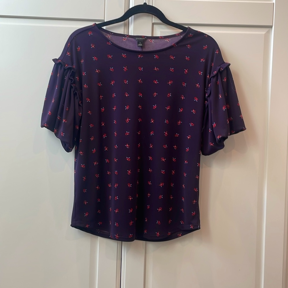 Ann Taylor Floral Purple Bubble Sleeve Blouse, size XS